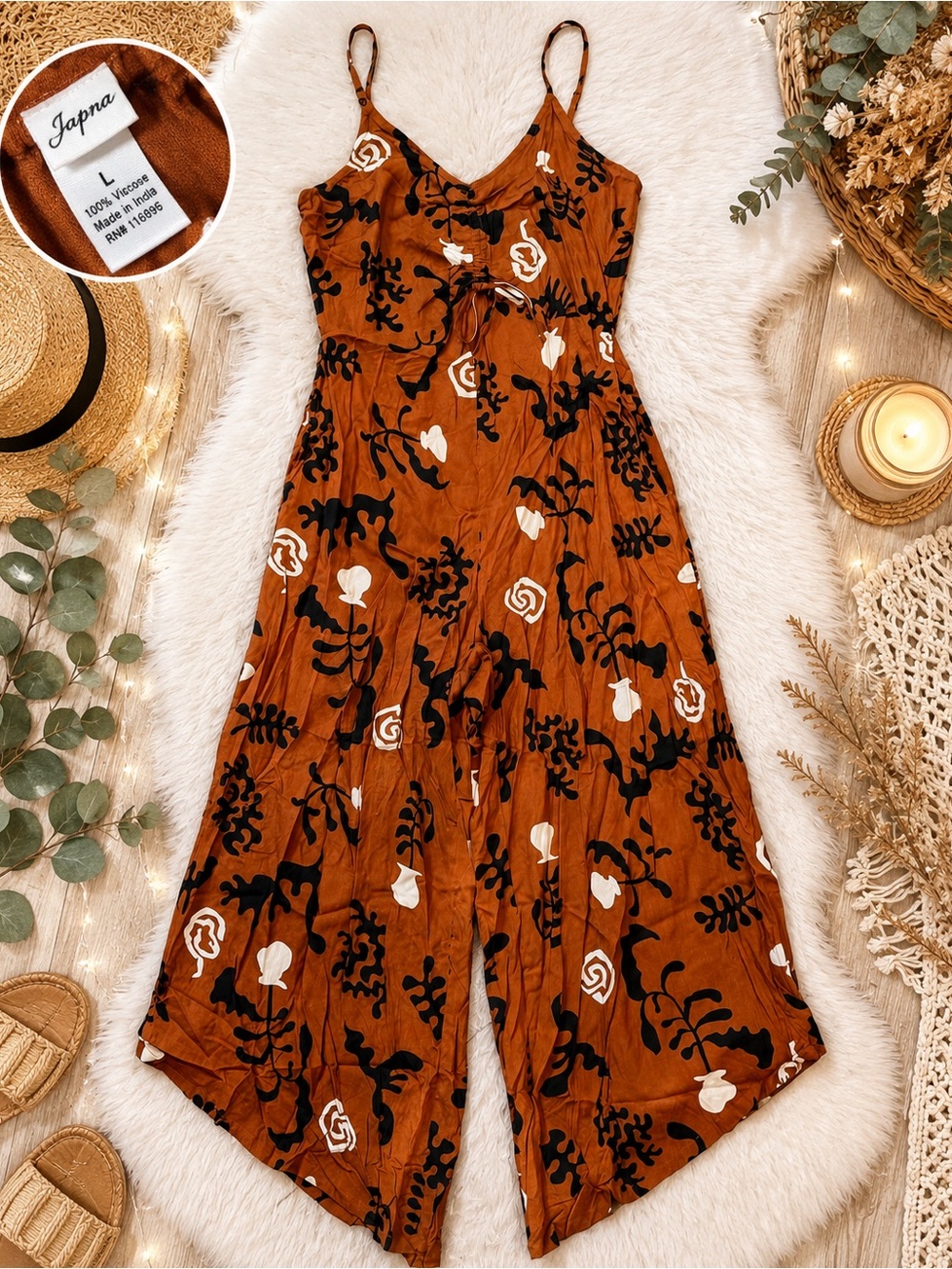 Japna Rust Brown Floral Wide-Leg Romper